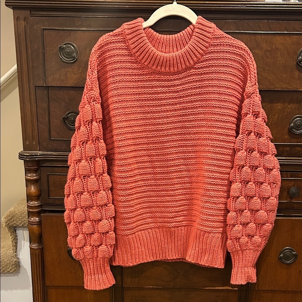 Elodie Oversized Chunky Bubble Knit Salmon Pink Crewneck Sweater Women's Size XS - Picture 1 of 9